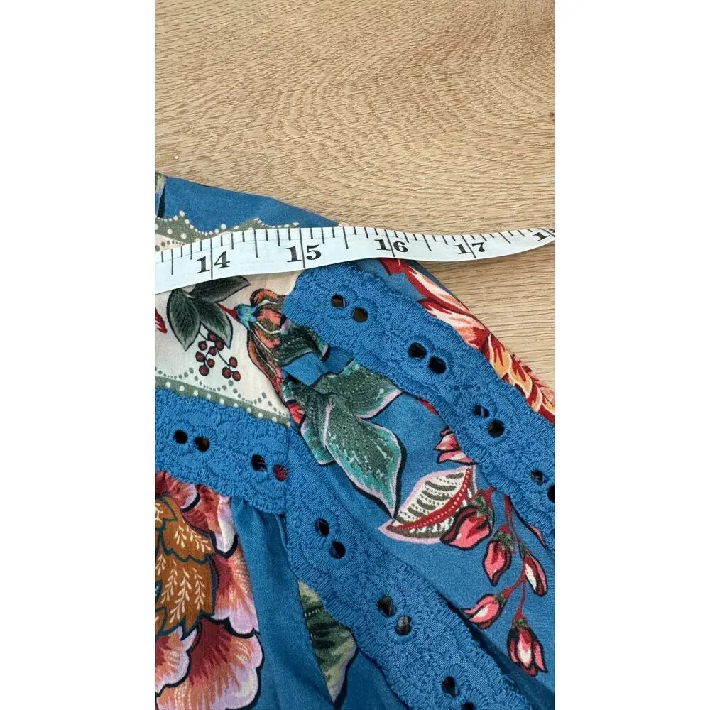 Farm Rio Wonderful Bouquet Floral Blue Long Sleeve Blouse Size Small